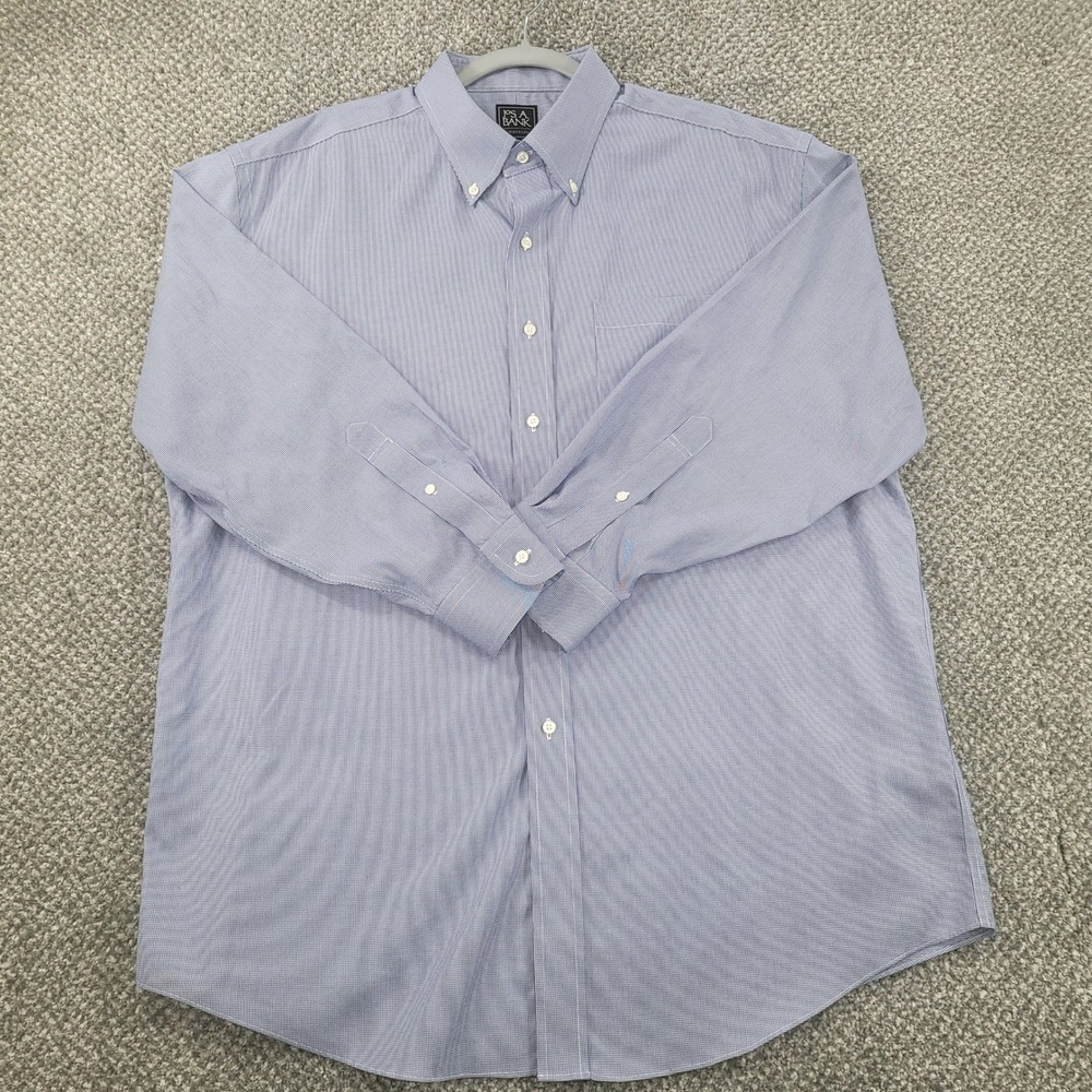 Jos A Bank Traveler Mens 17.5 33 Blue Houndstooth Cotton Button Down Shirt